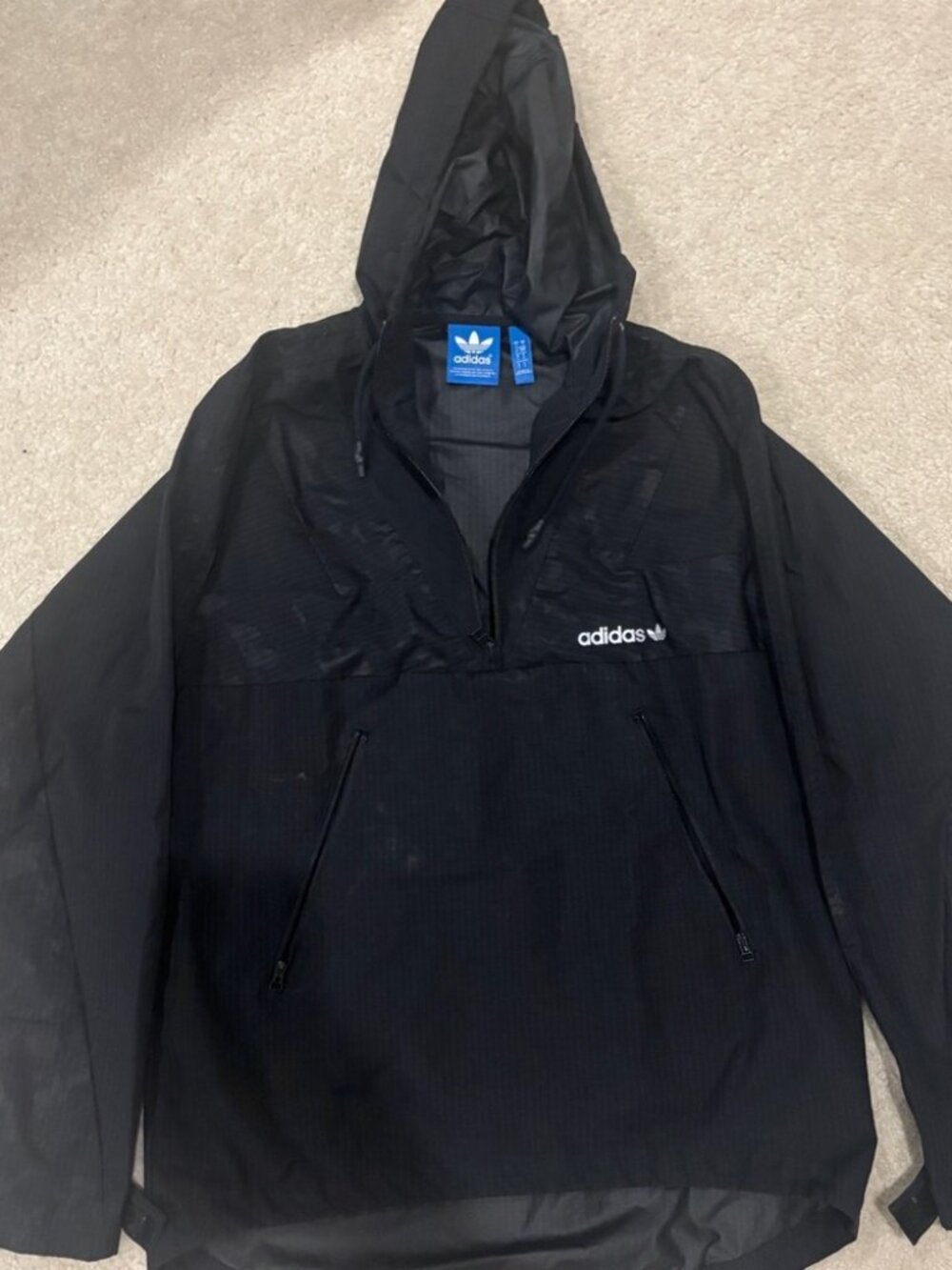 Adidas Black Hooded Nylon Windbreaker Parka Quarter Zip Camo Accents Waterproof